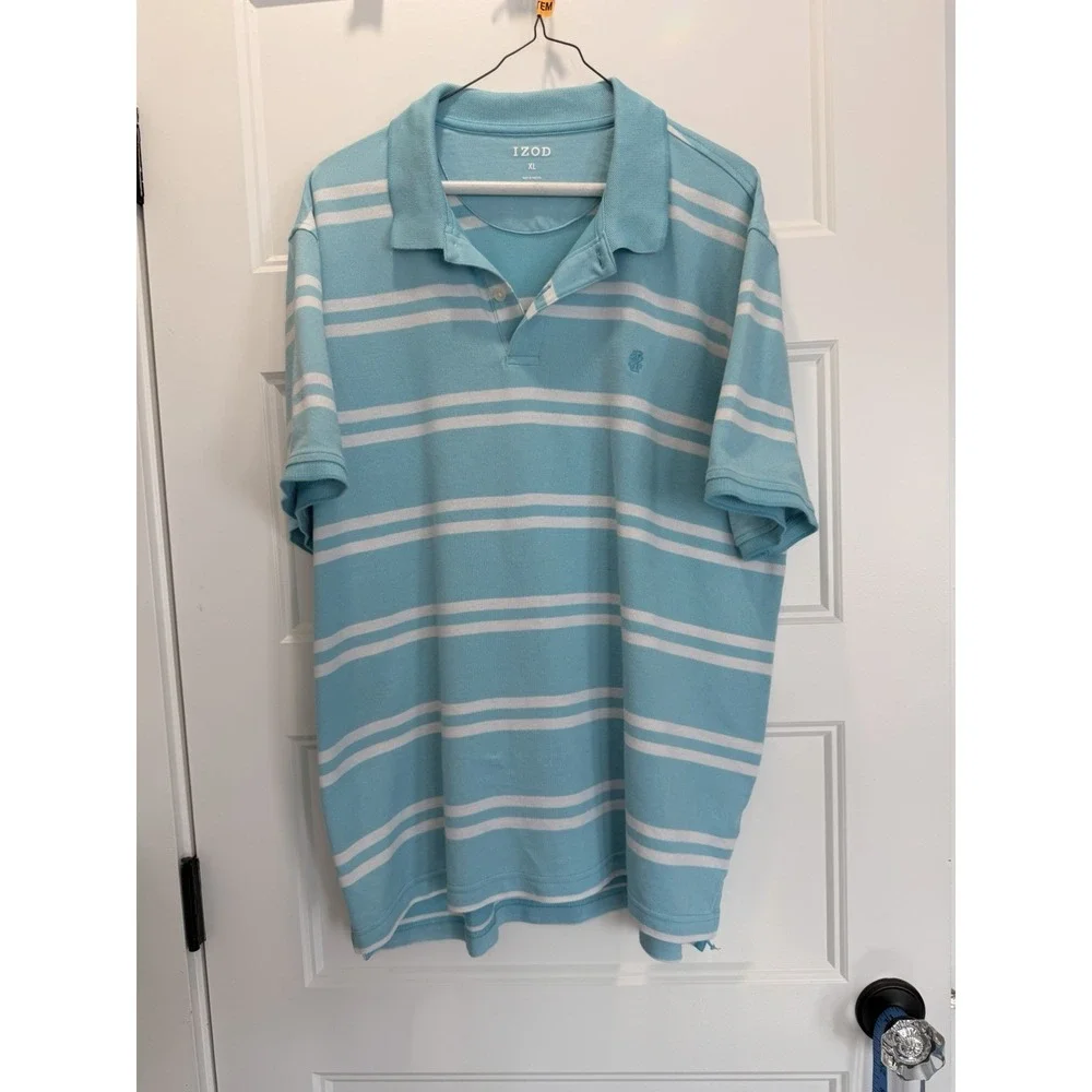 IZOD Golf Mens XL Teal Striped Performance Short Sleeve Polo Shirt Stretch